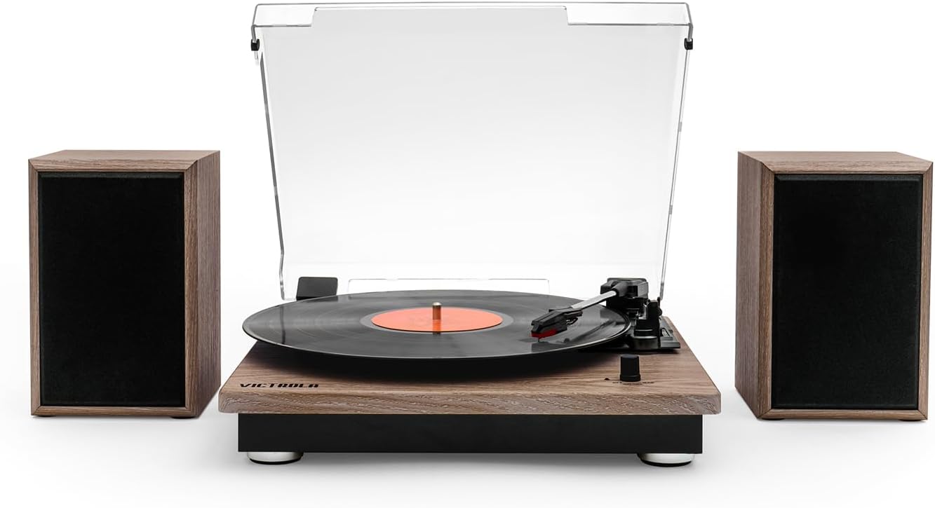 6-in-1 Bluetooth Record Player - Mahogany | Plays vinyl, CD, cassette and FM radio through built-in stereo speakers, Bluetooth and aux streaming, headphone jack