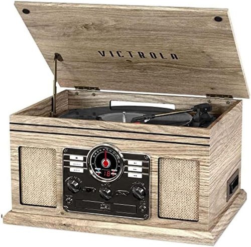 6-in-1 Bluetooth Record Player - Mahogany | Plays vinyl, CD, cassette and FM radio through built-in stereo speakers, Bluetooth and aux streaming, headphone jack