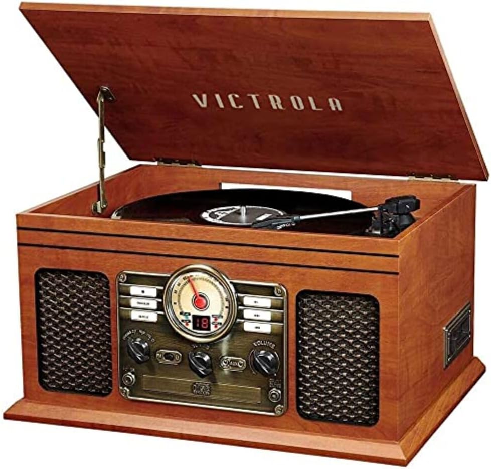 6-in-1 Bluetooth Record Player - Walnut | Plays vinyl, CD, cassette and FM radio through built-in stereo speakers, Bluetooth and aux streaming, headphone jack