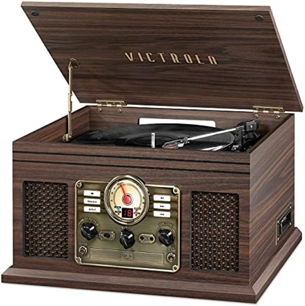 6-in-1 Bluetooth Record Player - Walnut | Plays vinyl, CD, cassette and FM radio through built-in stereo speakers, Bluetooth and aux streaming, headphone jack