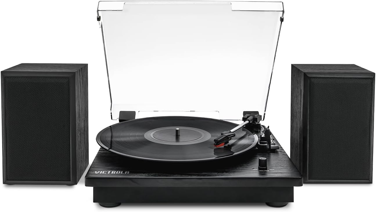 6-in-1 Bluetooth Record Player - Mahogany | Plays vinyl, CD, cassette and FM radio through built-in stereo speakers, Bluetooth and aux streaming, headphone jack