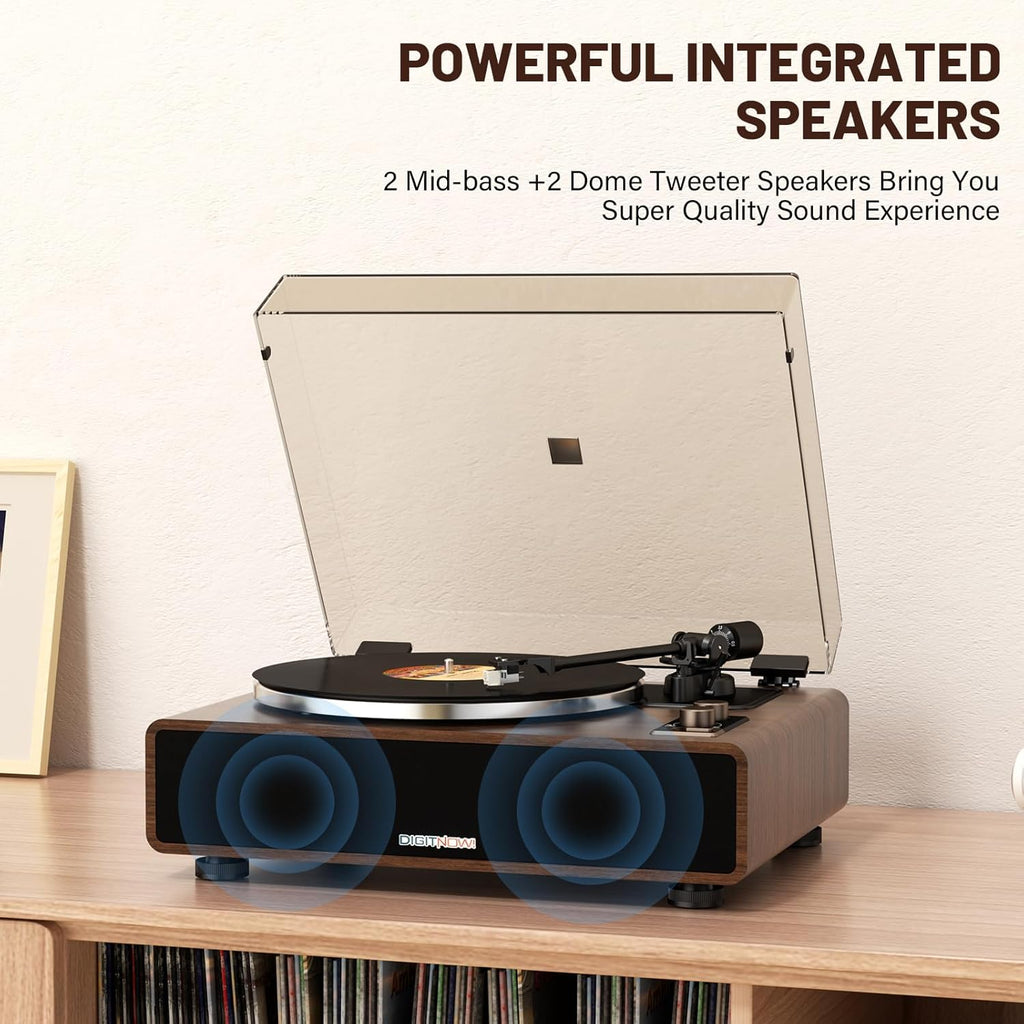 Vinyl Record Player with Magnetic Cartridge, High Fidelity Belt Drive Turntable with Built-in Speakers & Phono Preamp, Wireless Playback and Aux-in Functionality, Auto Off