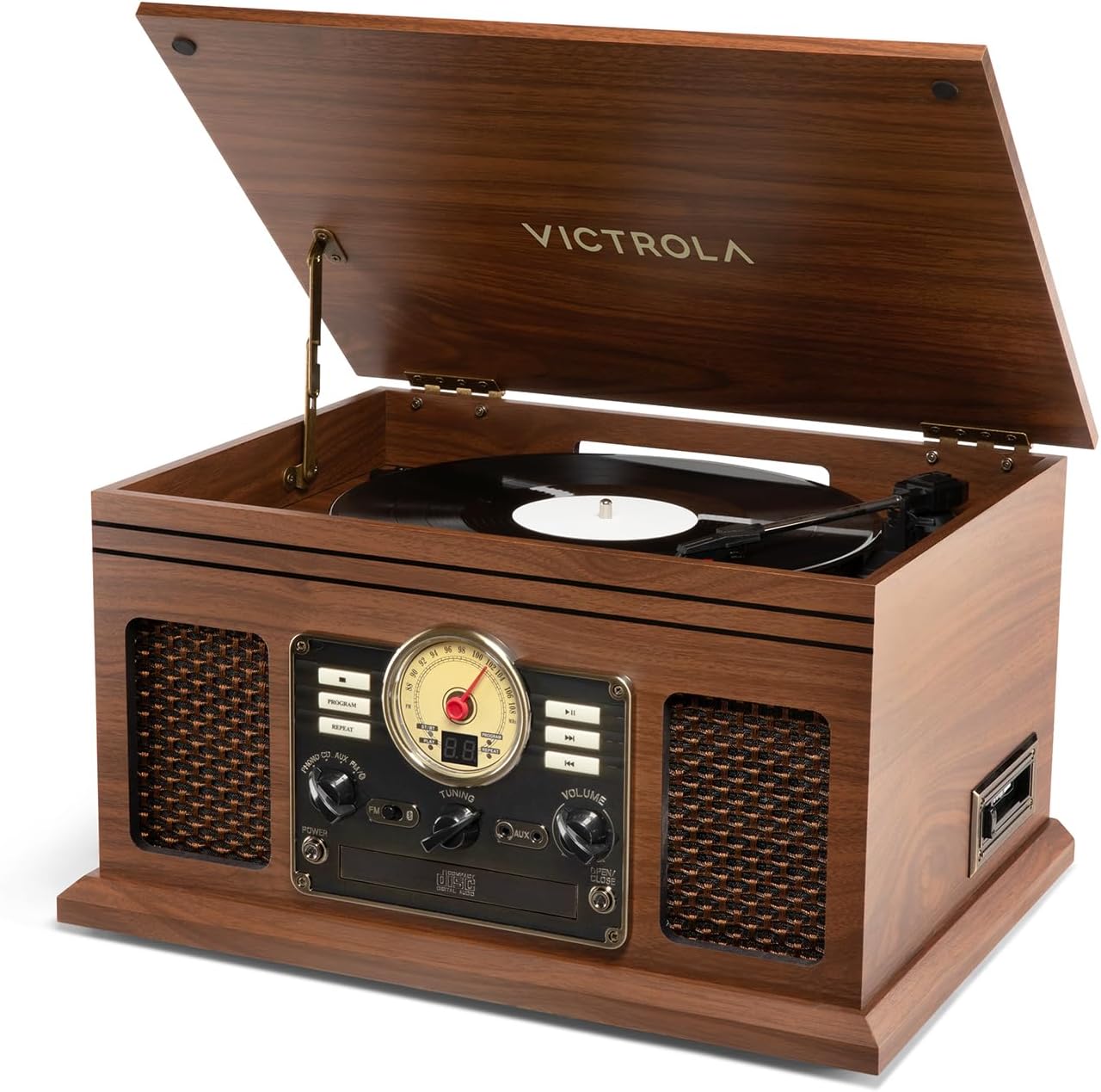 6-in-1 Bluetooth Record Player - Walnut | Plays vinyl, CD, cassette and FM radio through built-in stereo speakers, Bluetooth and aux streaming, headphone jack