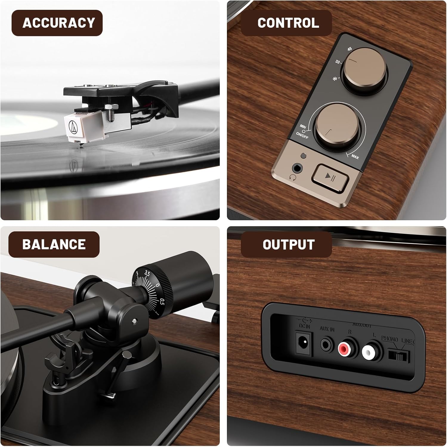 Vinyl Record Player with Magnetic Cartridge, High Fidelity Belt Drive Turntable with Built-in Speakers & Phono Preamp, Wireless Playback and Aux-in Functionality, Auto Off
