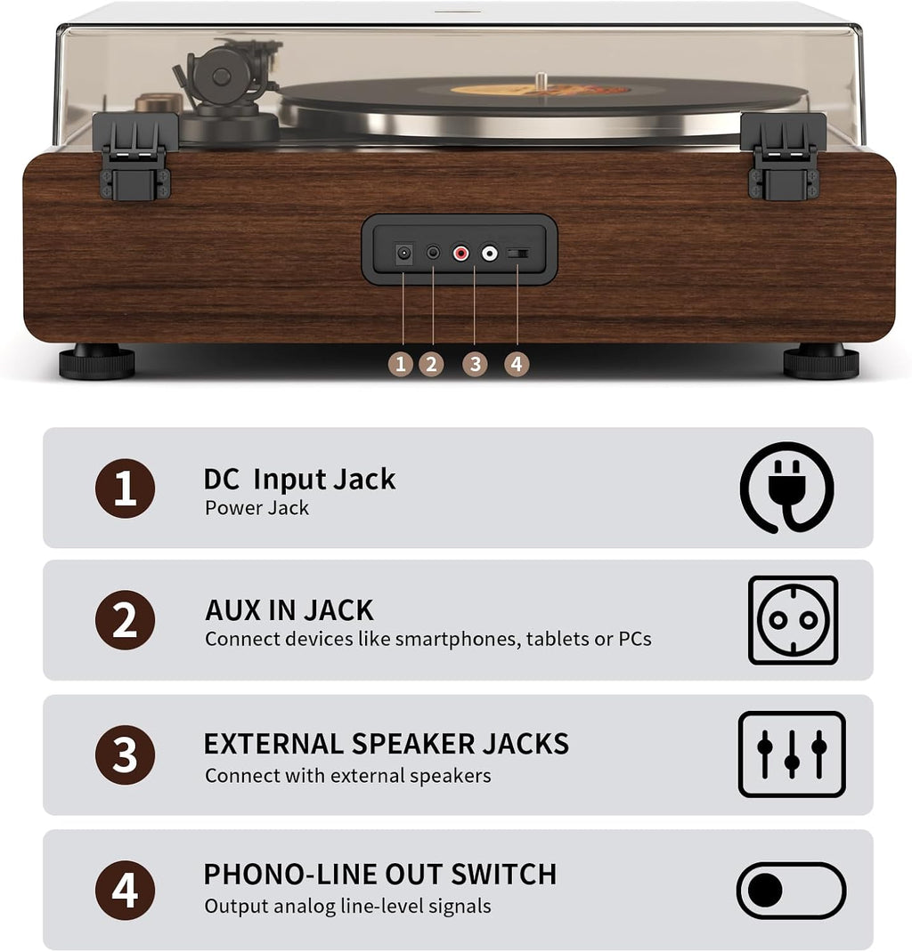 Vinyl Record Player with Magnetic Cartridge, High Fidelity Belt Drive Turntable with Built-in Speakers & Phono Preamp, Wireless Playback and Aux-in Functionality, Auto Off