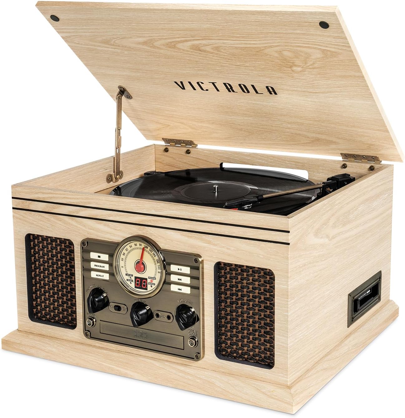 6-in-1 Bluetooth Record Player - Walnut | Plays vinyl, CD, cassette and FM radio through built-in stereo speakers, Bluetooth and aux streaming, headphone jack