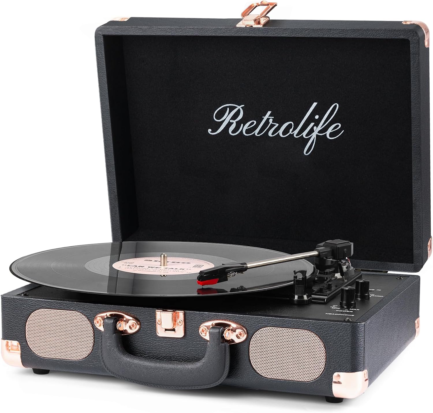 Vinyl Record Player 3-Speed Bluetooth Suitcase Portable Belt-Driven Record Player with Built-in Speakers RCA Line Out AUX in Headphone Jack Vintage Turntable,Black