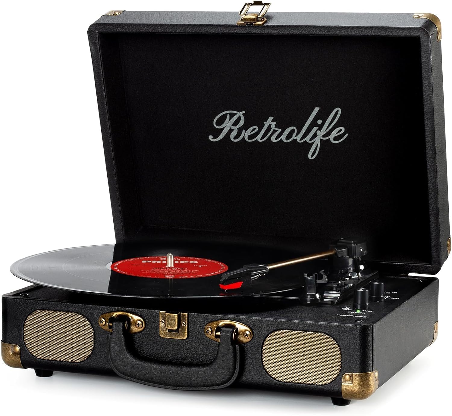 Vinyl Record Player 3-Speed Bluetooth Suitcase Portable Belt-Driven Record Player with Built-in Speakers RCA Line Out AUX in Headphone Jack Vintage Turntable,Black