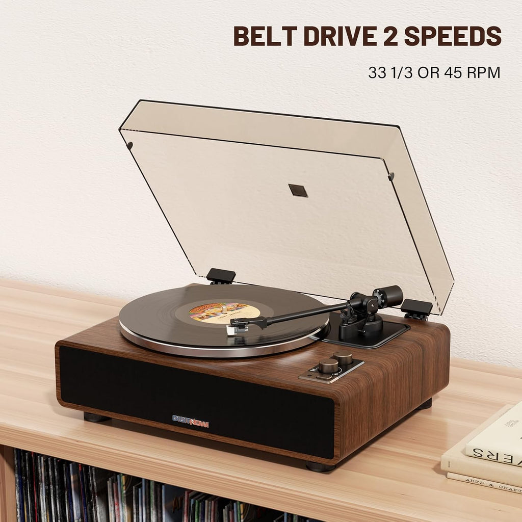 Vinyl Record Player with Magnetic Cartridge, High Fidelity Belt Drive Turntable with Built-in Speakers & Phono Preamp, Wireless Playback and Aux-in Functionality, Auto Off