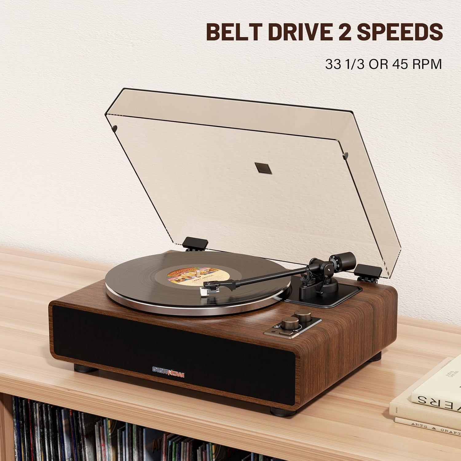 Vinyl Record Player with Magnetic Cartridge, High Fidelity Belt Drive Turntable with Built-in Speakers & Phono Preamp, Wireless Playback and Aux-in Functionality, Auto Off