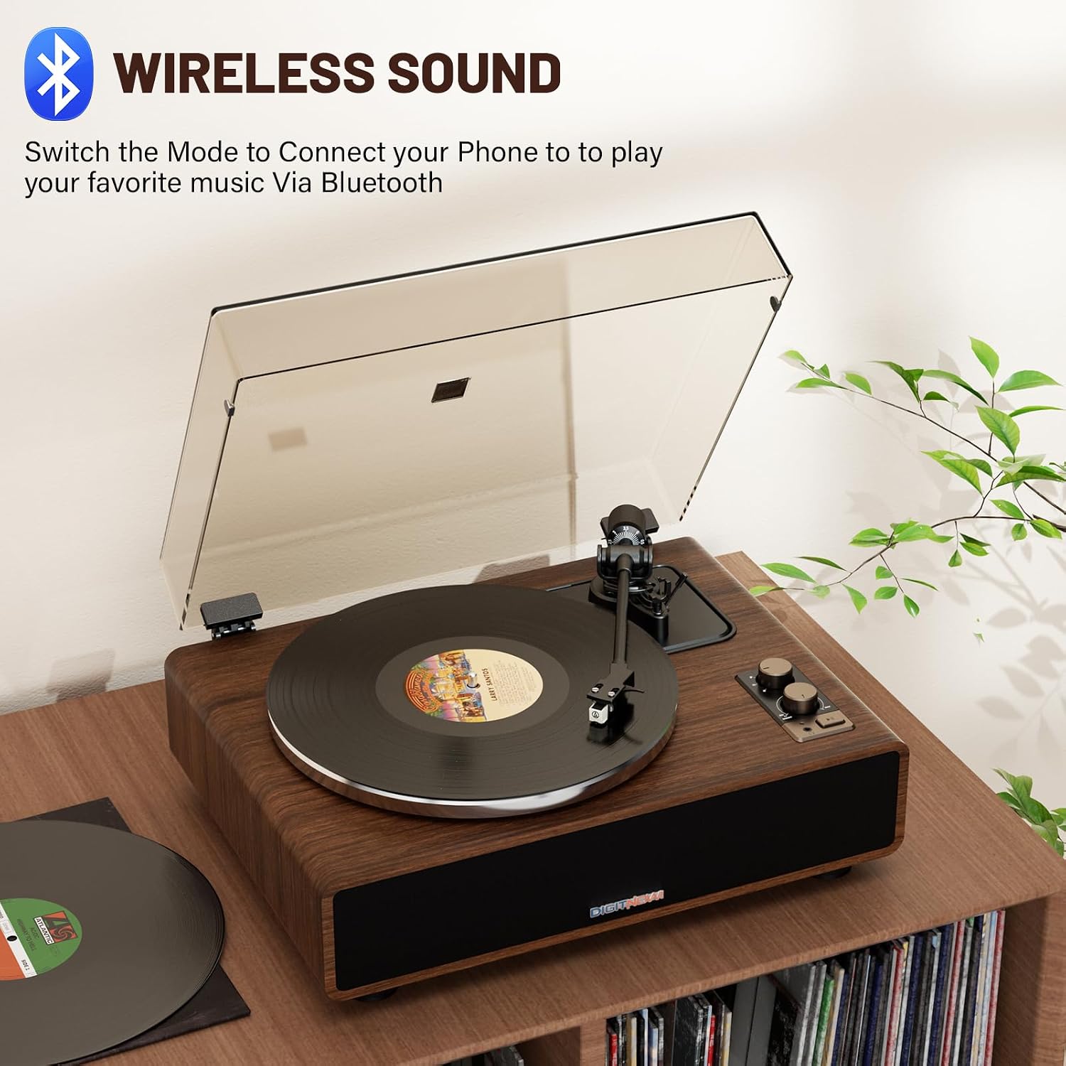 Vinyl Record Player with Magnetic Cartridge, High Fidelity Belt Drive Turntable with Built-in Speakers & Phono Preamp, Wireless Playback and Aux-in Functionality, Auto Off